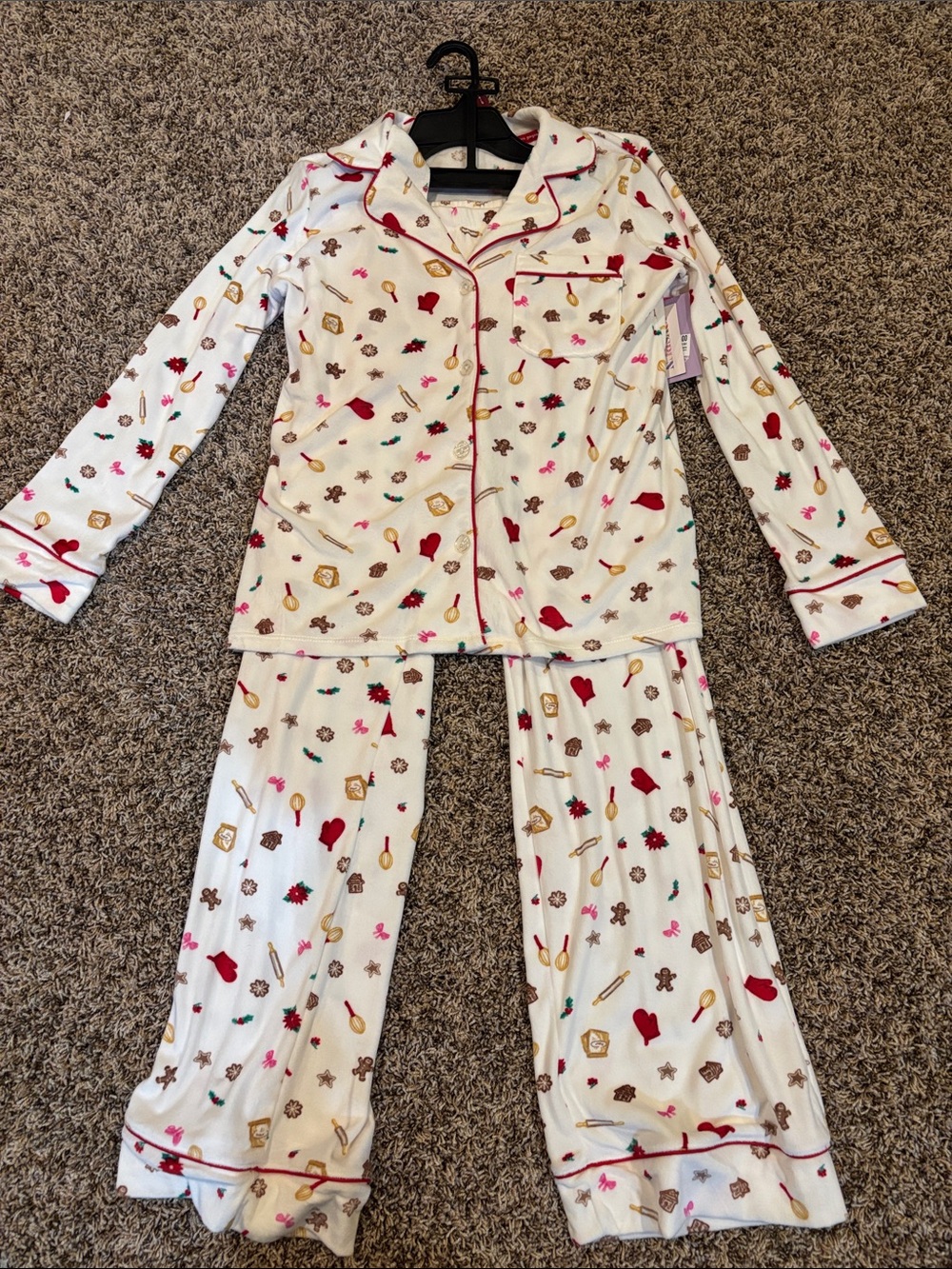 Women’s White Holiday Print Pajama Set with Red Trim - Soft Long Sleeve & Pants